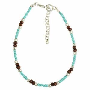 Wood Turquoise Silver Beaded Anklet